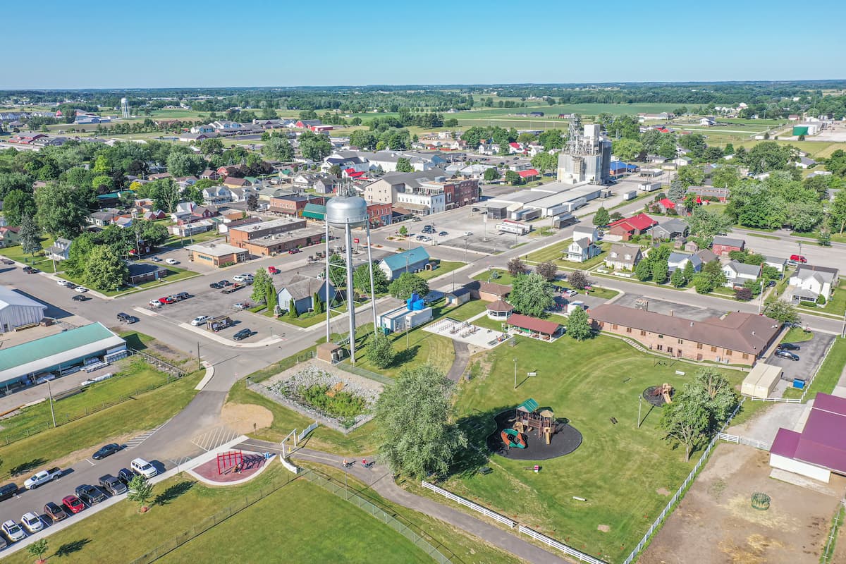 Aerial shot of the town of Shipshewana